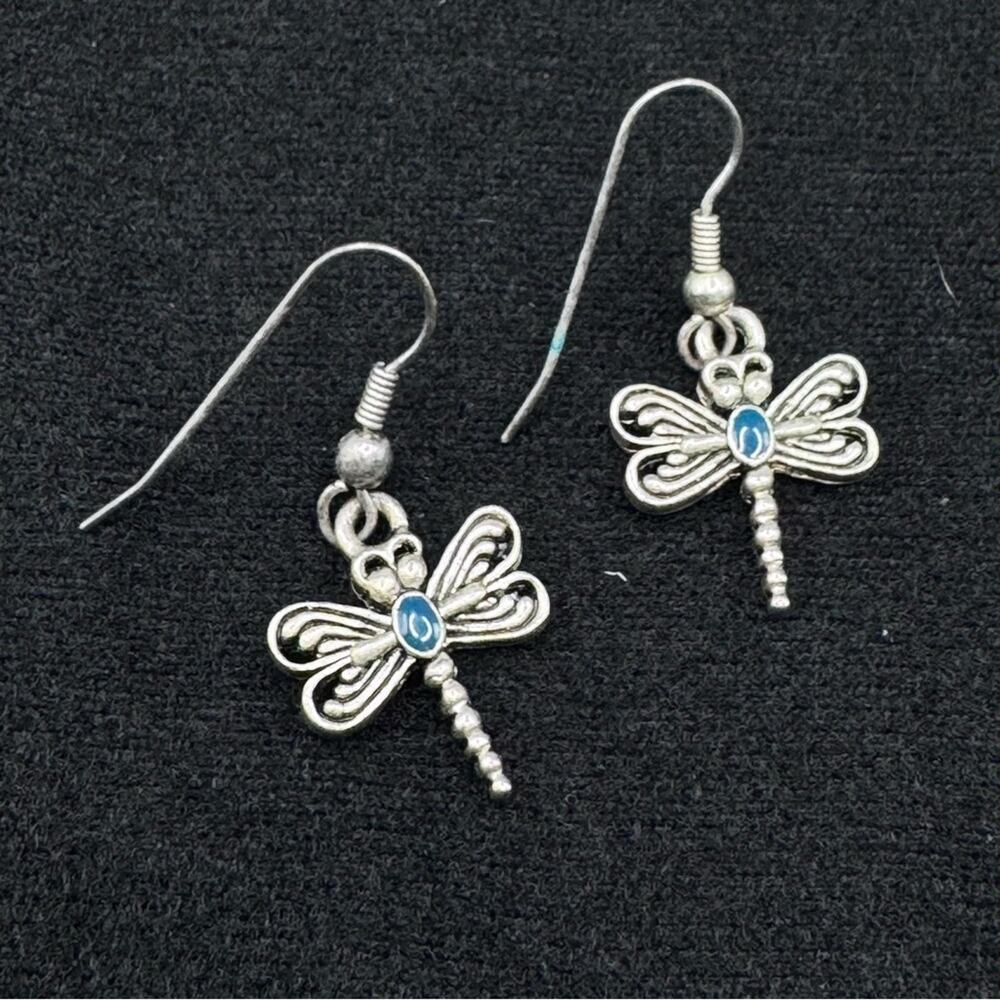Silver Dragonfly Dangle Hook Earrings Boho Insect Nature Artisan Jewelry